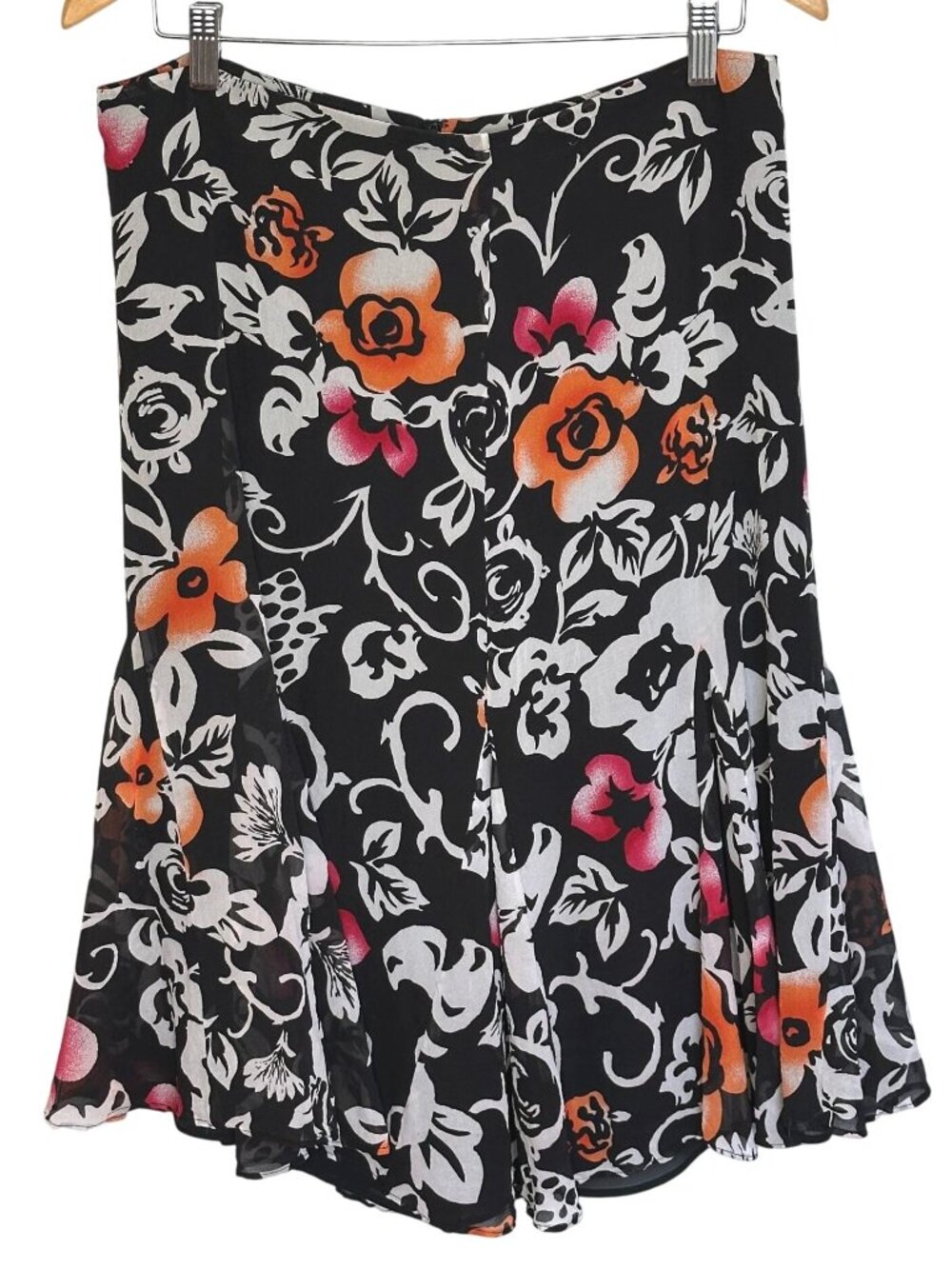 Chico's 100% Silk Black Floral Midi Skirt Y2K Flutter Hem A-Line Godet Sz M